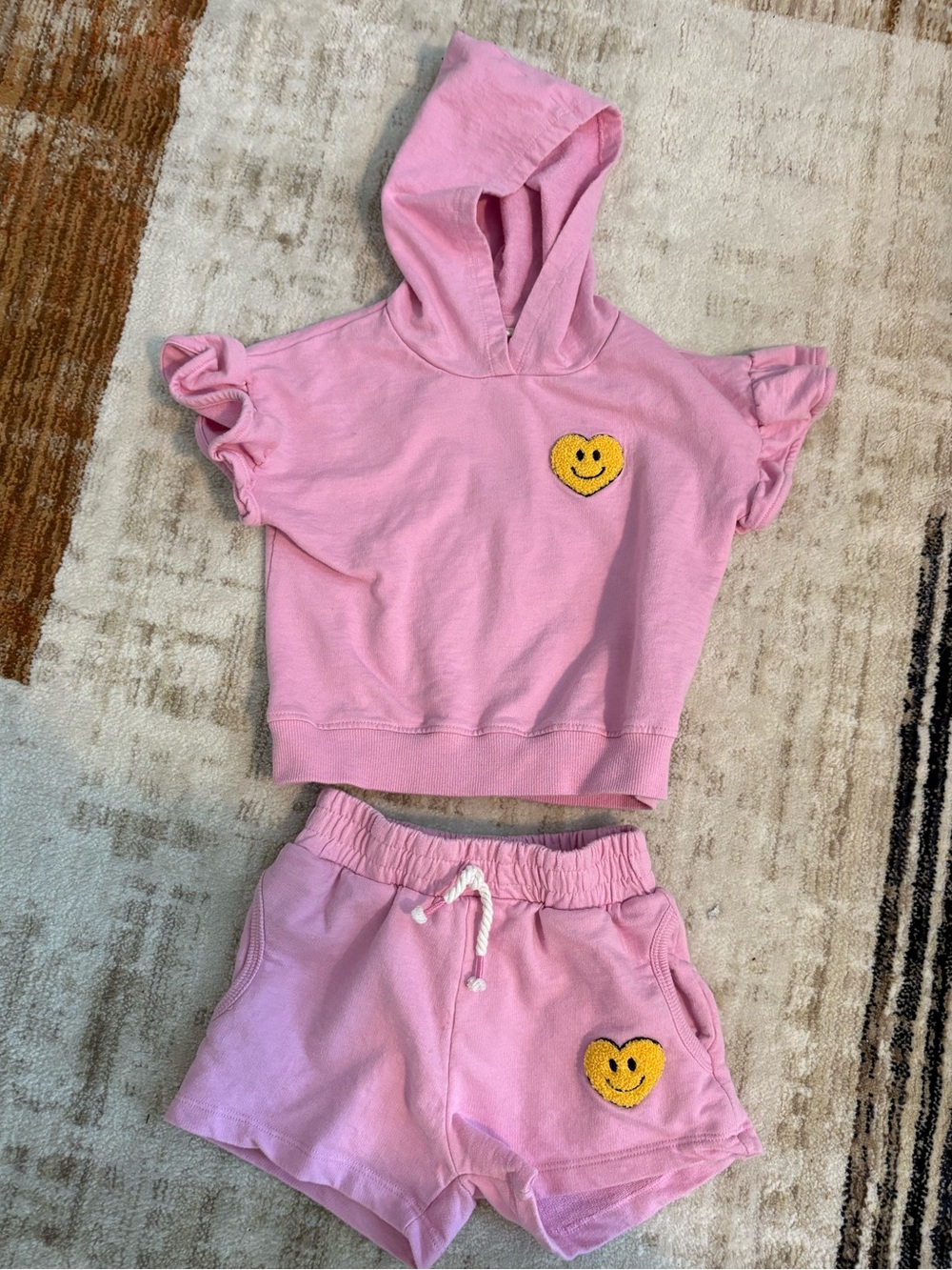 Pink Hooded Ruffle Sleeve Top & Shorts Set with Smiley Heart Patch